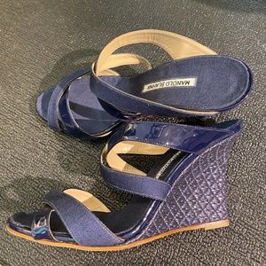 Manolo Blahnik Navy Mixed-Medium Wedge Sandals